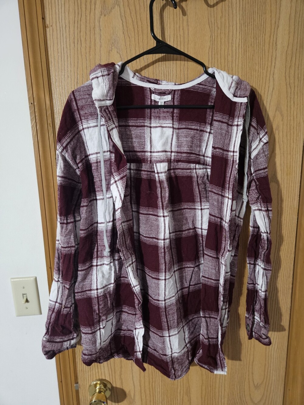 Maurices Maroon and White Plaid Hooded Flannel Shirt